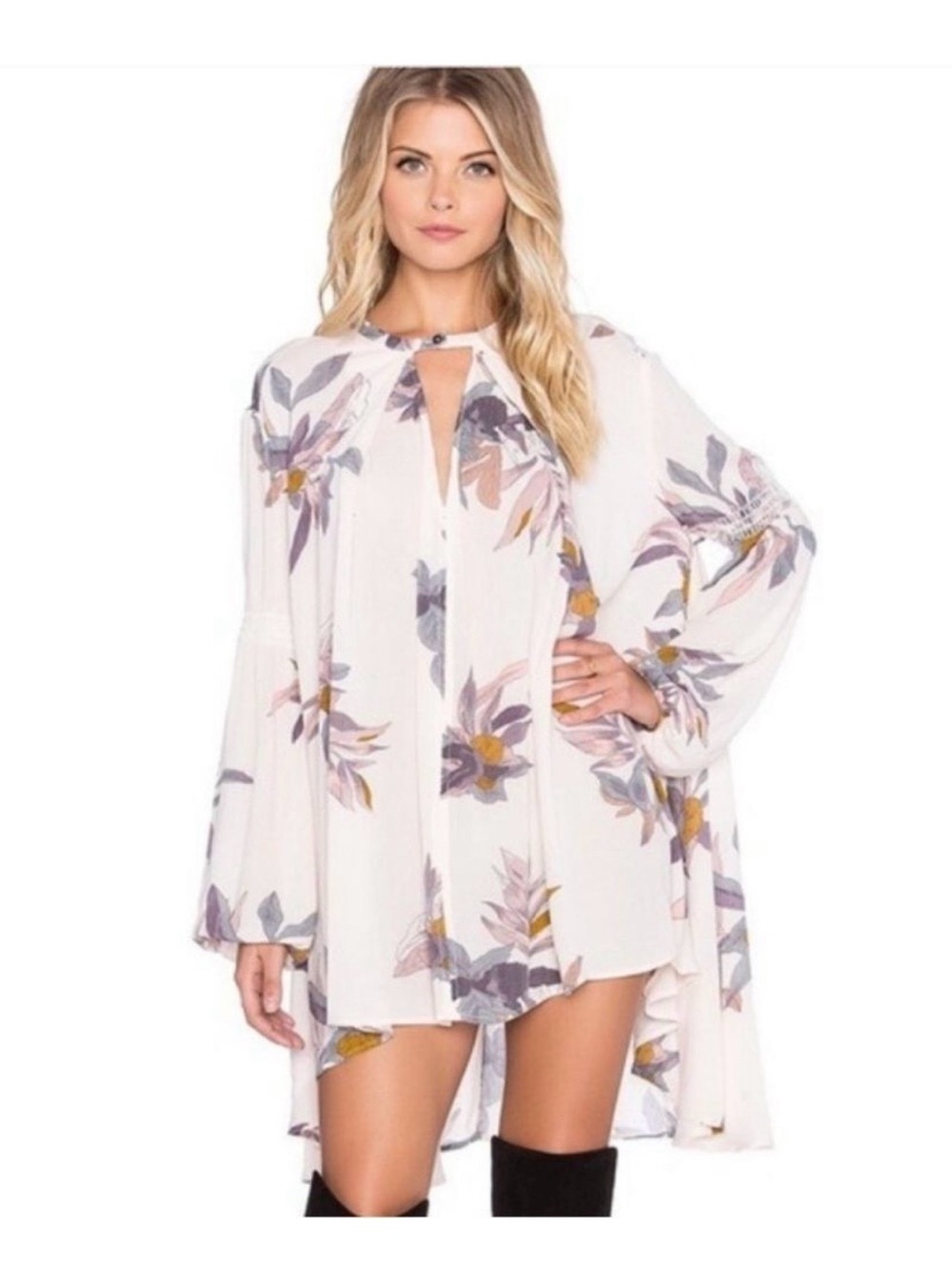 Free People Cream Floral Keyhole High-Low Tunic with Lavender & Mustard Accents